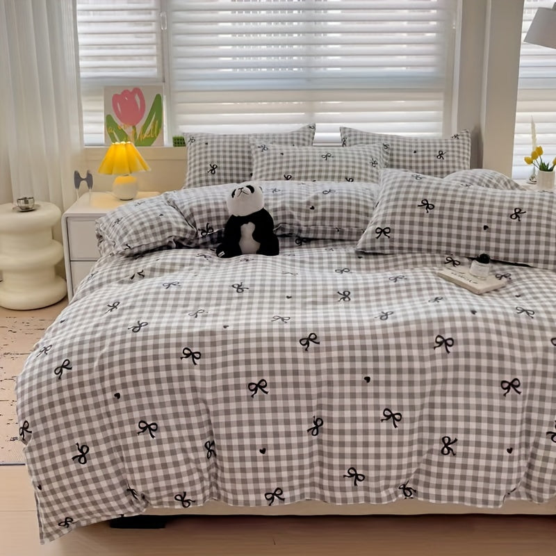 3-Piece Duvet Cover with Checkered Pattern and Decorative Bows