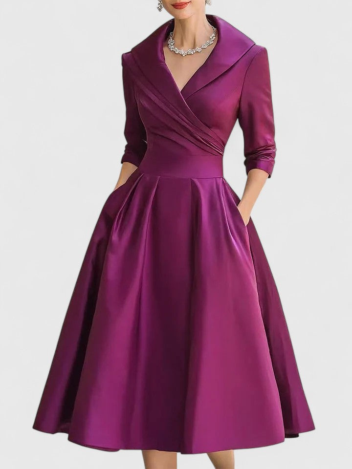 Women's Elegant V-Neck Midi Dress - A-Line Formal Style