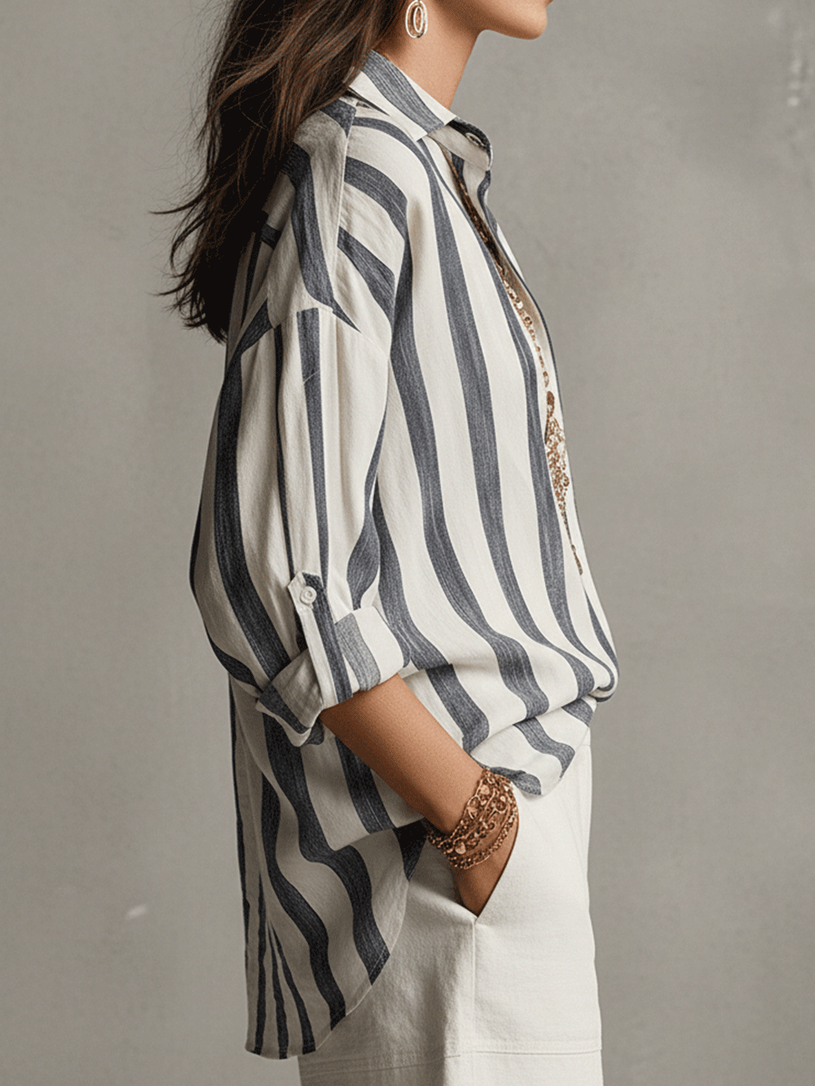 Casual Striped Cotton And Linen Long-Sleeved Shirt