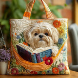 Prošívaná tote taška - Shih-tzu s knihami a květinami