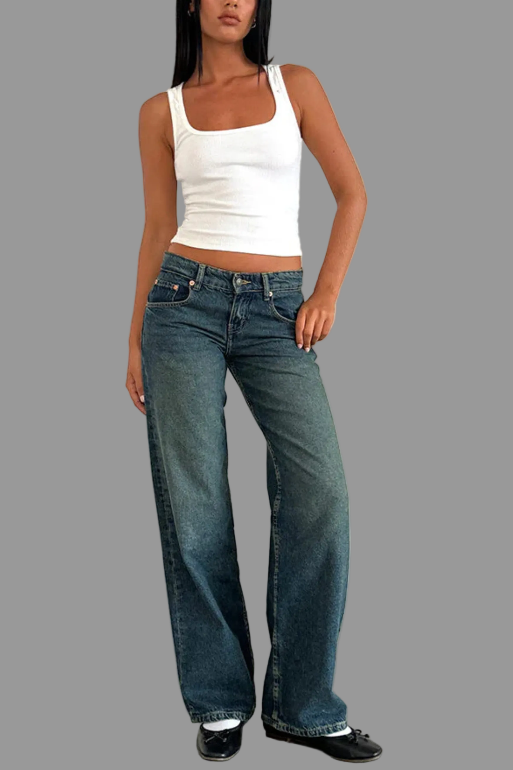Low rise straight leg jeans in bright blue denim for women