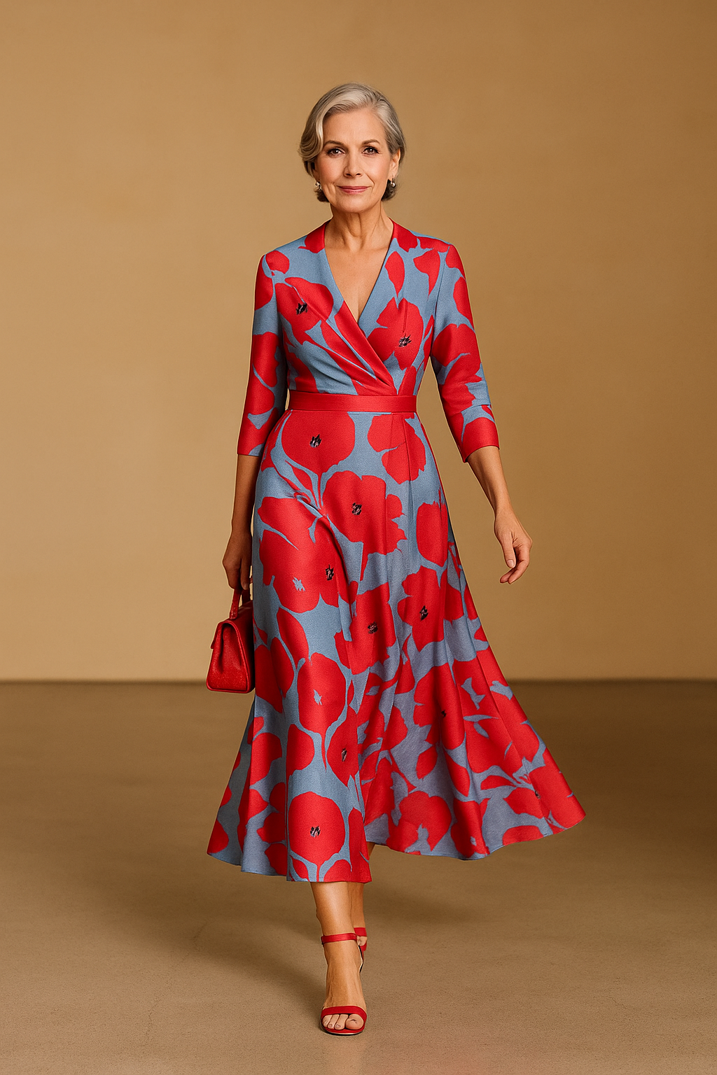Women's Elegant Red Floral V-Neck Dress - V-neck Wrap Style
