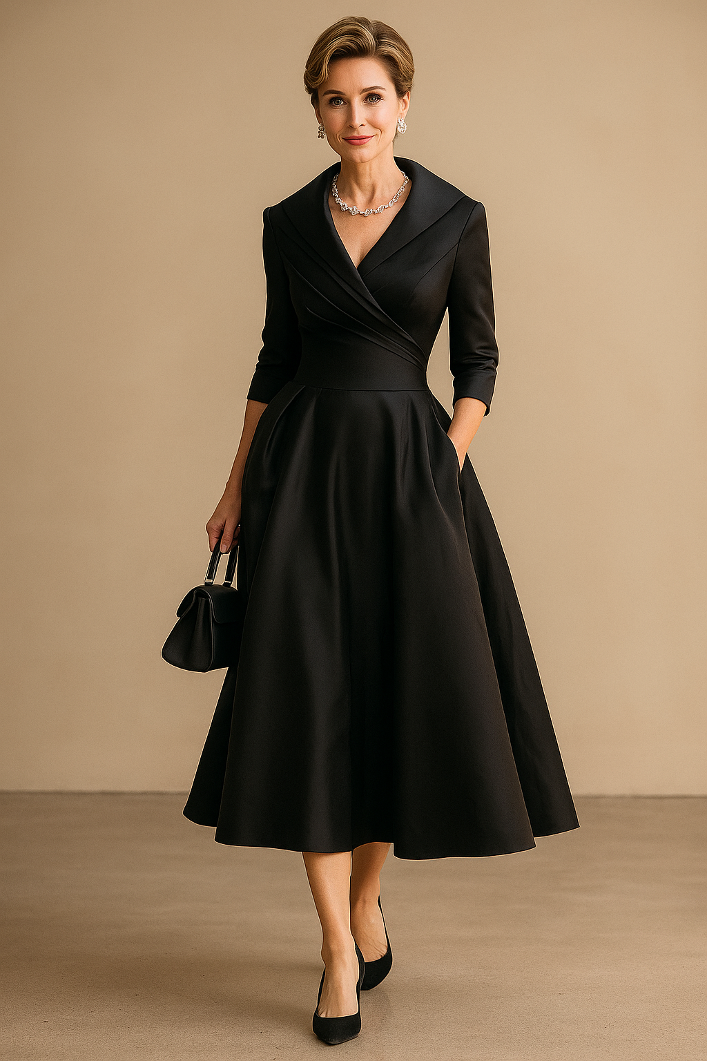 Women's Elegant V-Neck Midi Dress - A-Line Formal Style