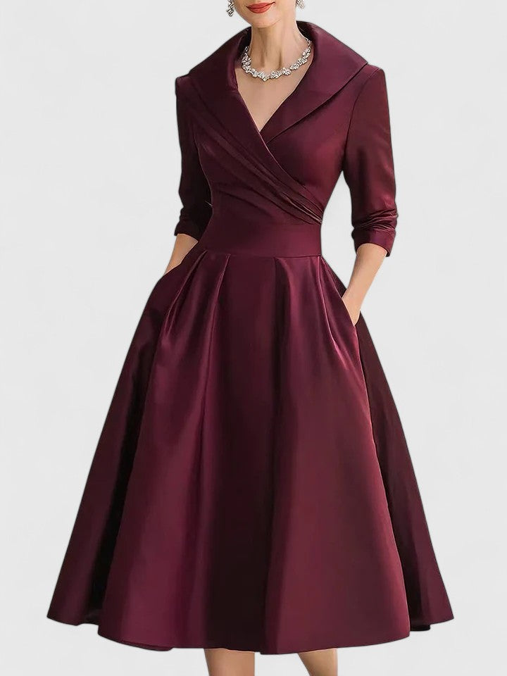 Women's Elegant V-Neck Midi Dress - A-Line Formal Style
