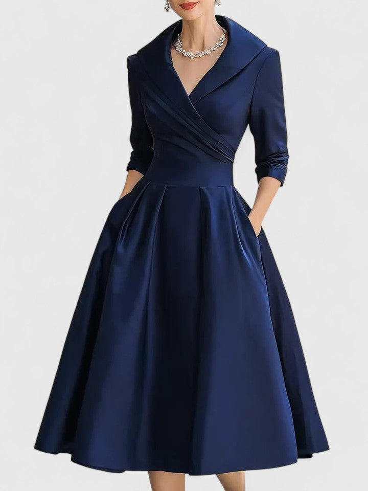 Women's Elegant V-Neck Midi Dress - A-Line Formal Style