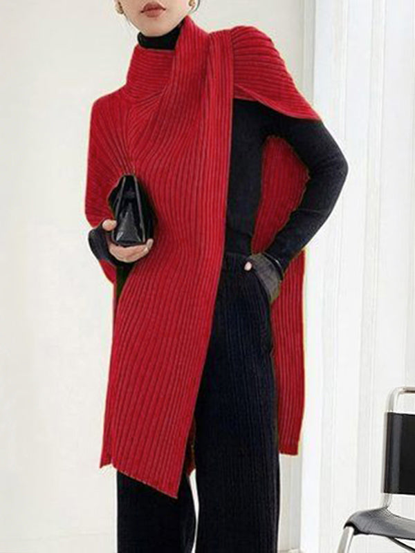 Loose Asymmetric Solid Color Split-Joint High Neck Sweater Tops