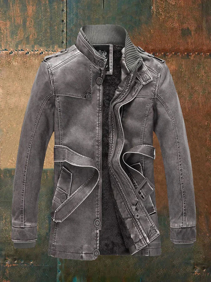 Shon Men's Vintage Leather Jacket – Elegant Retro Style with Warm Lining & Classic Buttons