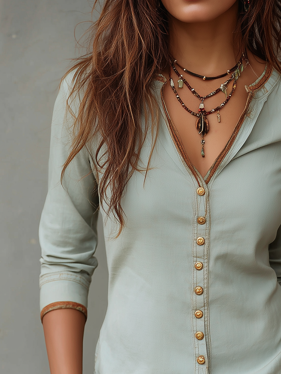 Vintage Washed Henley Collar Denim Blouse