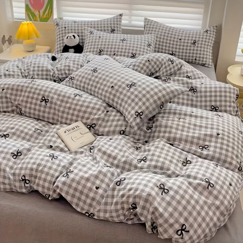3-Piece Duvet Cover with Checkered Pattern and Decorative Bows