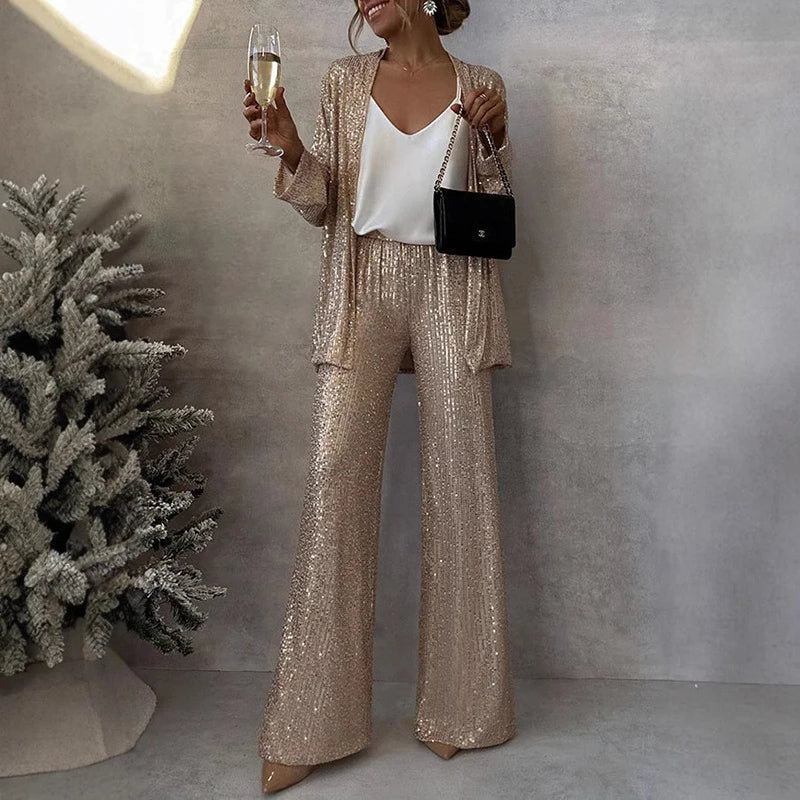 Two-Piece Sequin Set with High-Waisted Pants