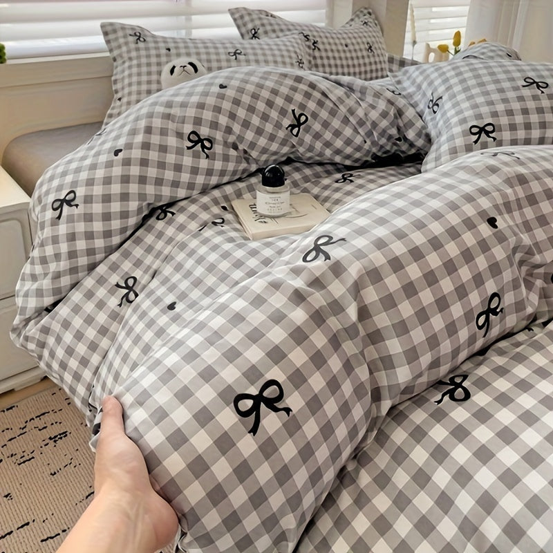 3-delt Dynebetræk med Ternet Mønster og Dekorative Sløjfer