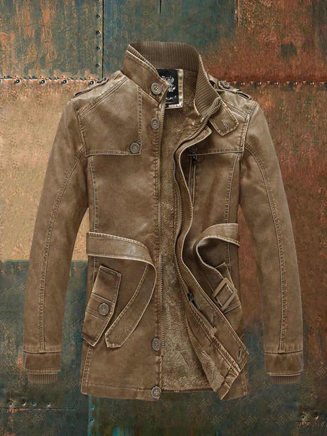Shon Men's Vintage Leather Jacket – Elegant Retro Style with Warm Lining & Classic Buttons