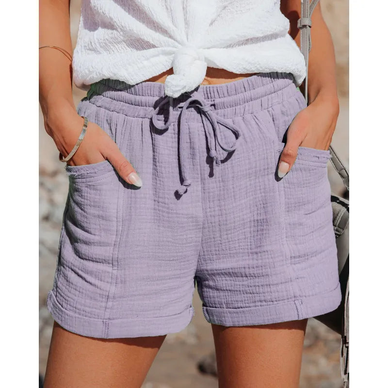 Summer Cotton Linen Shorts Women's High Waist Casual Pants with Pockets