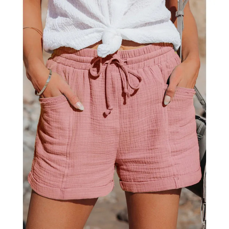 Summer Cotton Linen Shorts Women's High Waist Casual Pants with Pockets