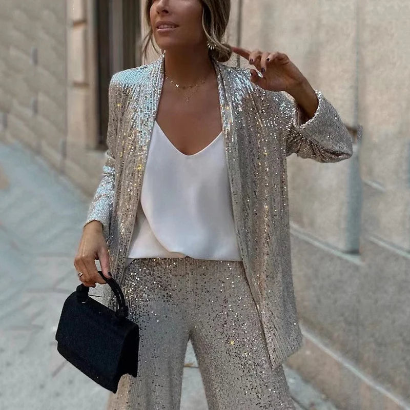 Two-Piece Sequin Set with High-Waisted Pants