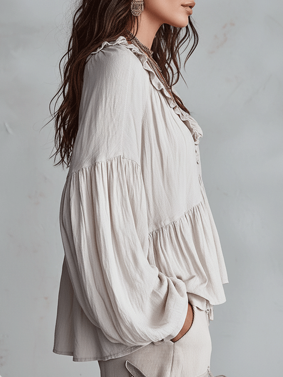 Airy Vintage-Inspired Ruffle Soft Ruffle Bohemian Blouse