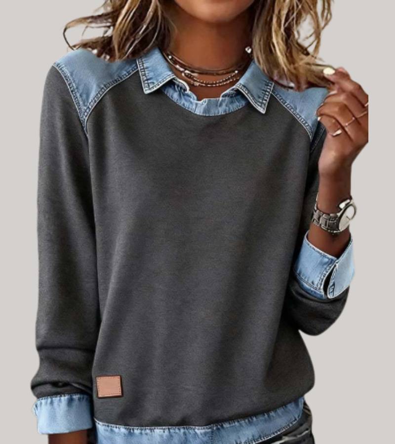 Silvia | Elegant two-material sweater with denim details