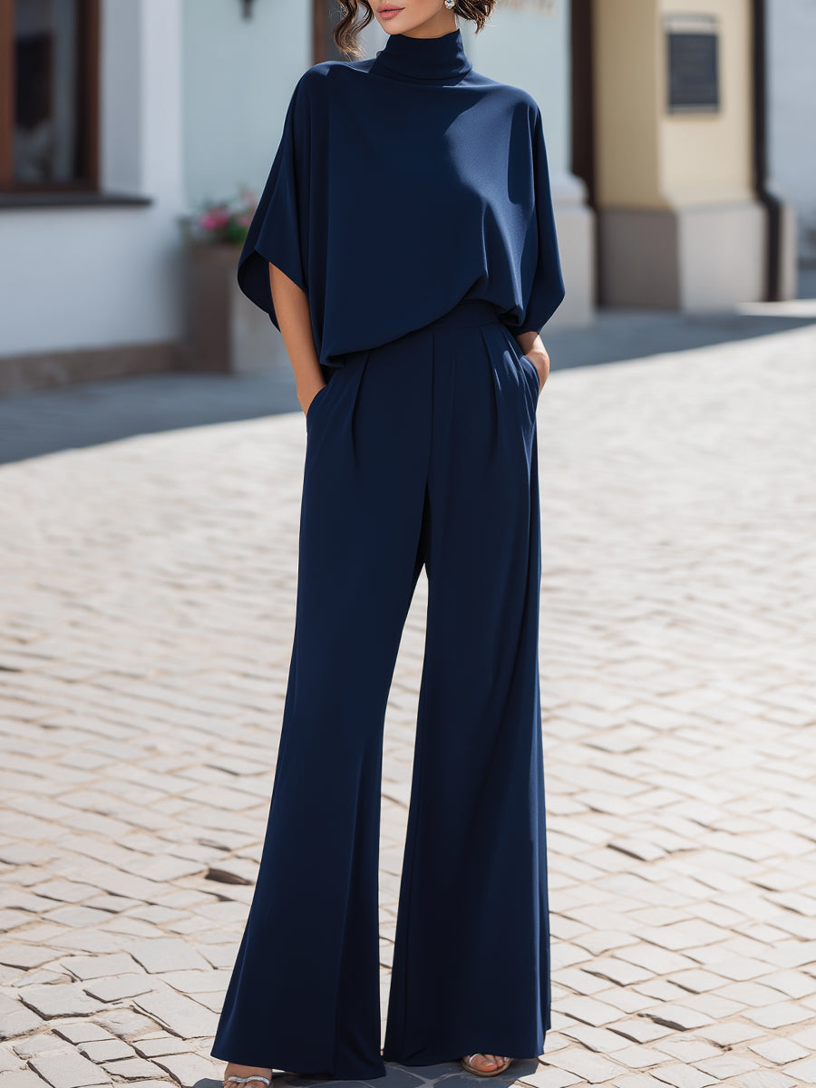 Minimalist High-Neck Draped Blouse & Wide-Leg Trouser Set