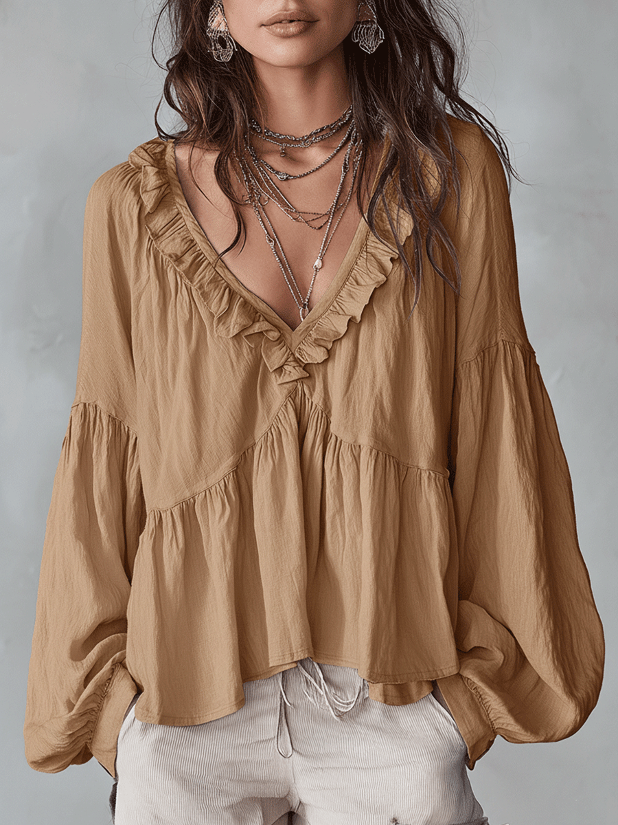 Airy Vintage-Inspired Ruffle Soft Ruffle Bohemian Blouse