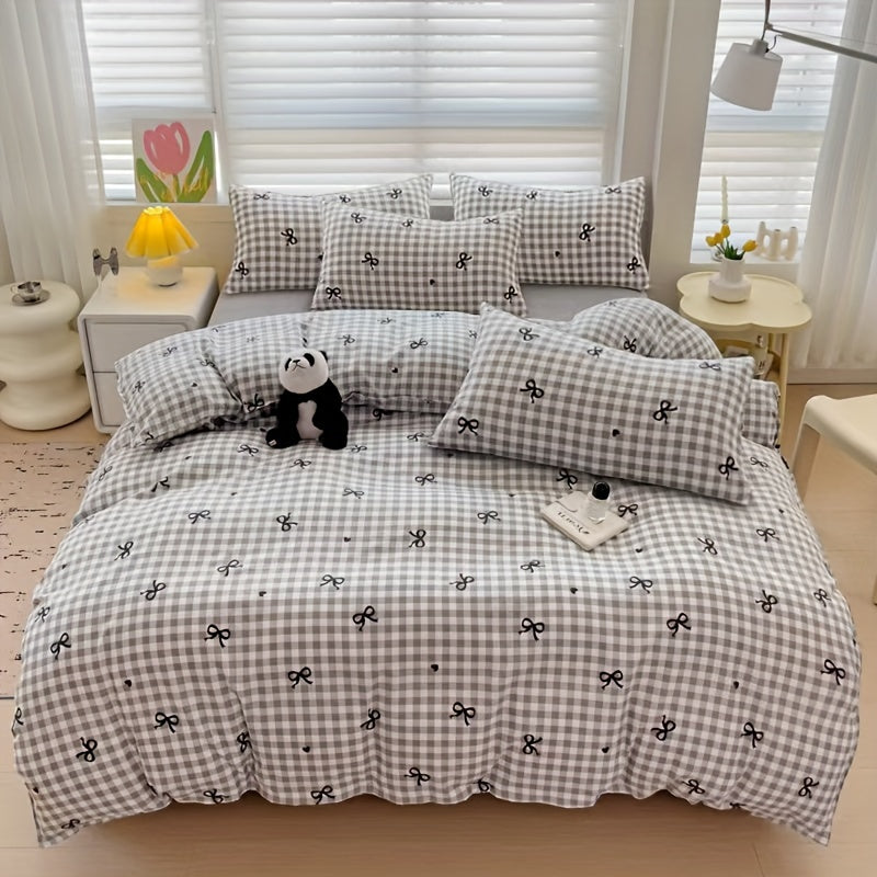 3-Piece Duvet Cover with Checkered Pattern and Decorative Bows
