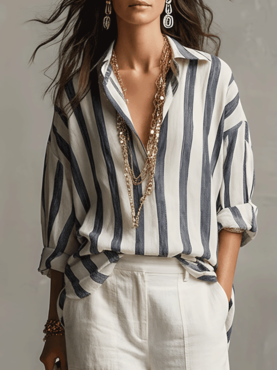 Casual Striped Cotton And Linen Long-Sleeved Shirt