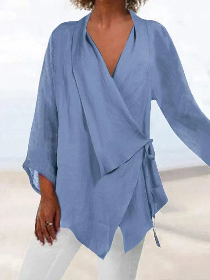 Clara® | Cotton and linen blouse with lace-up collar for women