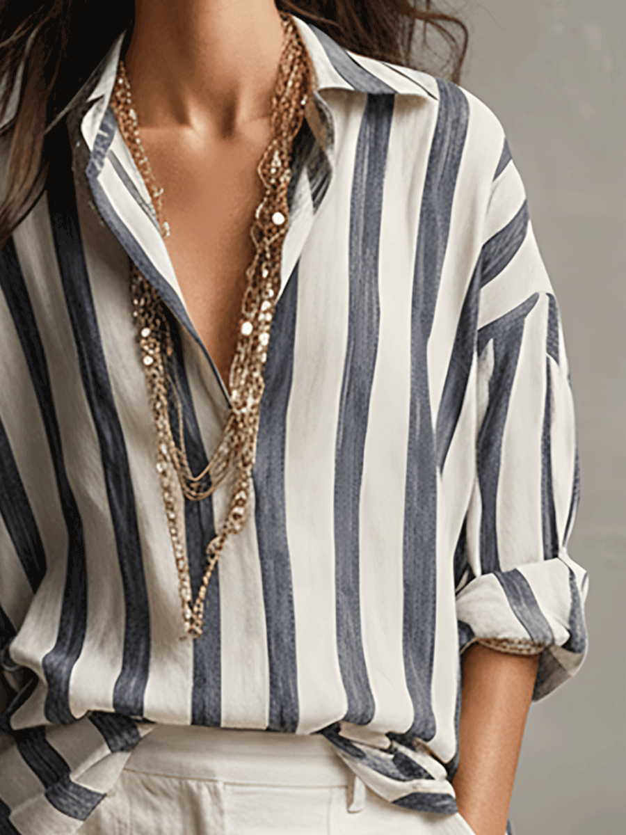 Casual Striped Cotton And Linen Long-Sleeved Shirt