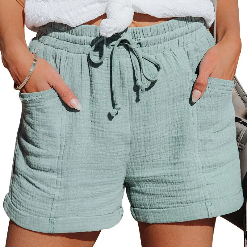 Summer Cotton Linen Shorts Women's High Waist Casual Pants with Pockets