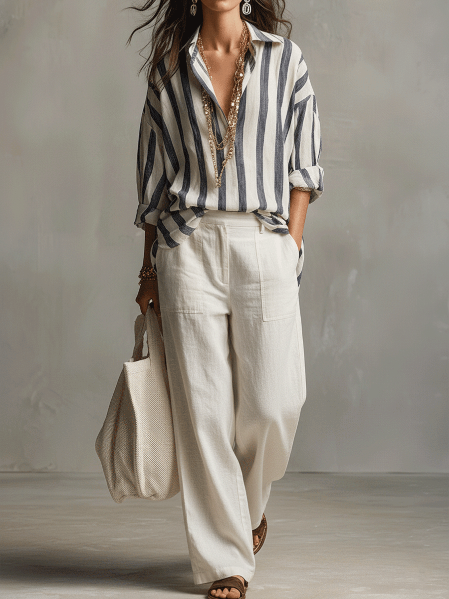 Casual Striped Cotton And Linen Long-Sleeved Shirt