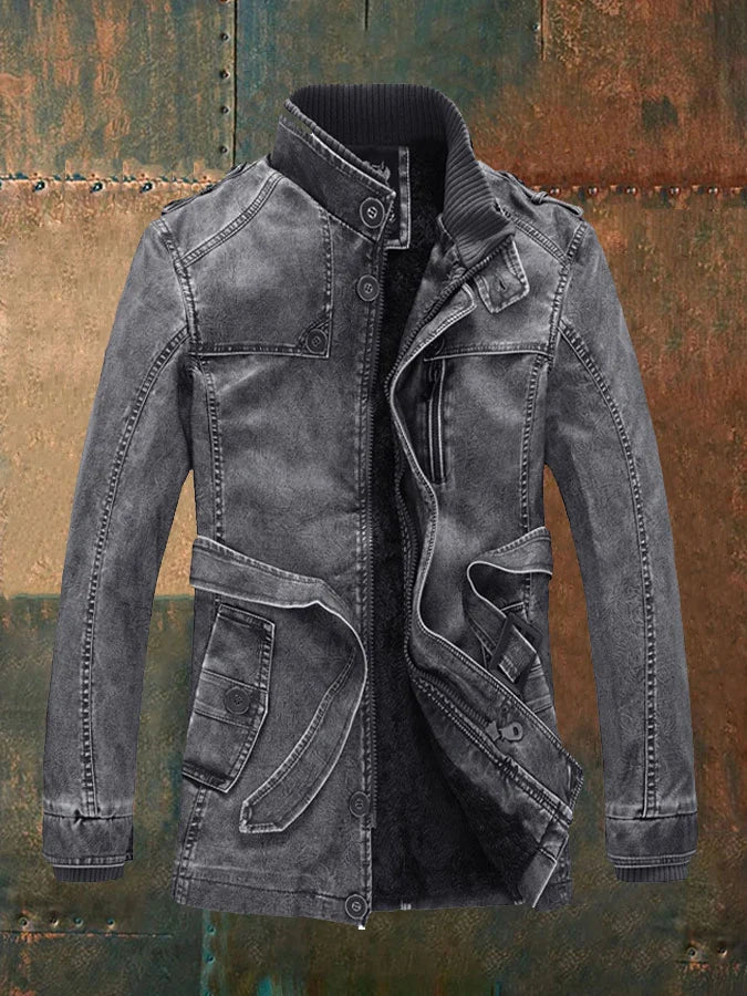 Shon Men's Vintage Leather Jacket – Elegant Retro Style with Warm Lining & Classic Buttons