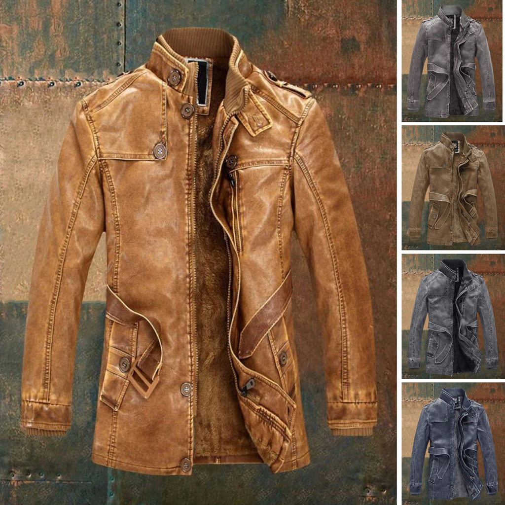 Shon Men's Vintage Leather Jacket – Elegant Retro Style with Warm Lining & Classic Buttons