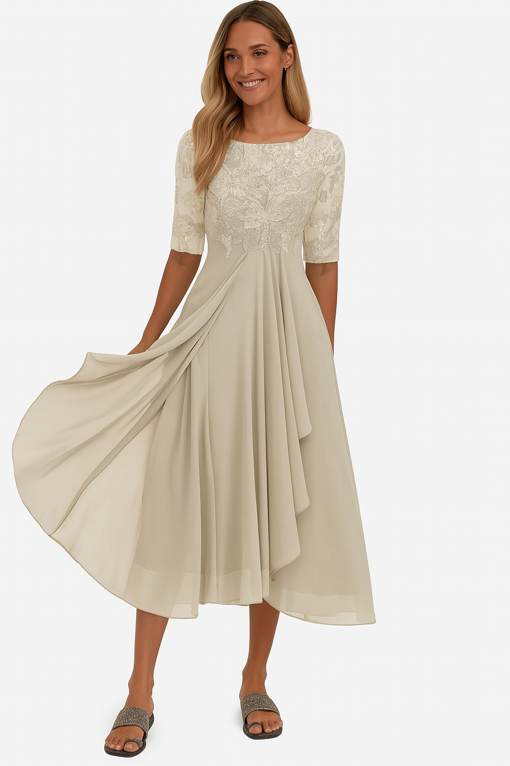 Vera Elegant Dress Woman – Lace & Chiffon Dress, A-Line, Mid-length & Short Sleeves