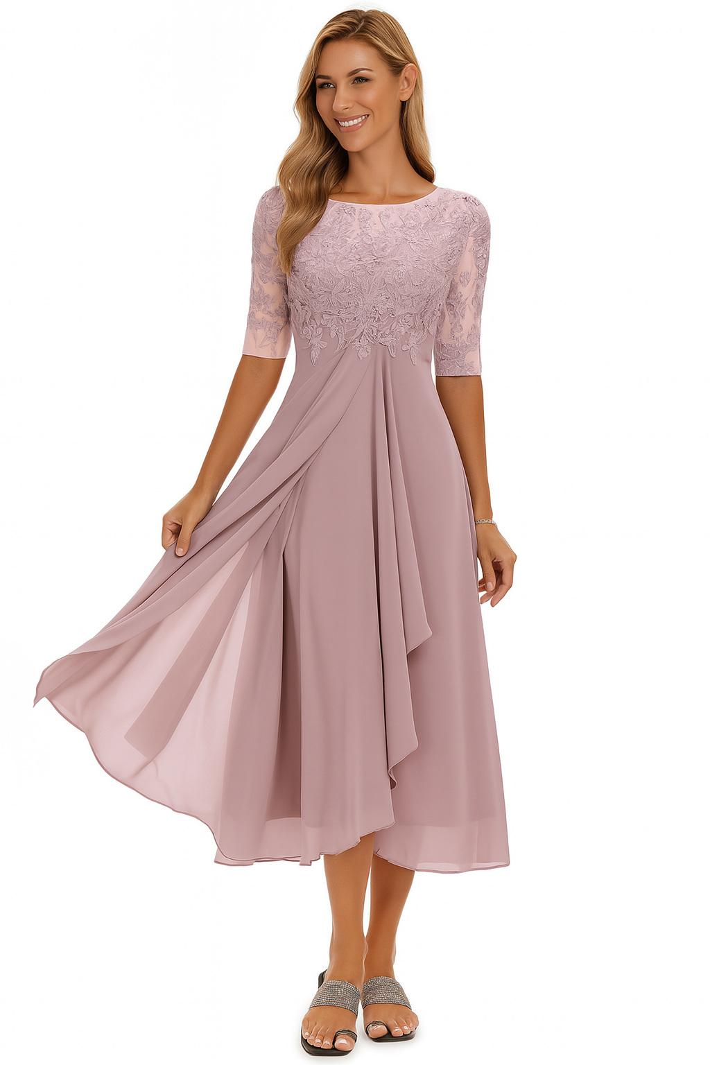 Vera Elegant Dress Woman – Lace & Chiffon Dress, A-Line, Mid-length & Short Sleeves