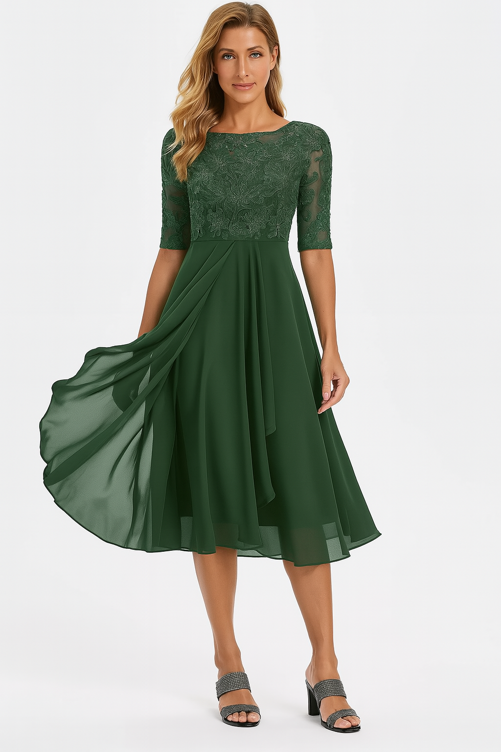 Vera Elegant Dress Woman – Lace & Chiffon Dress, A-Line, Mid-length & Short Sleeves