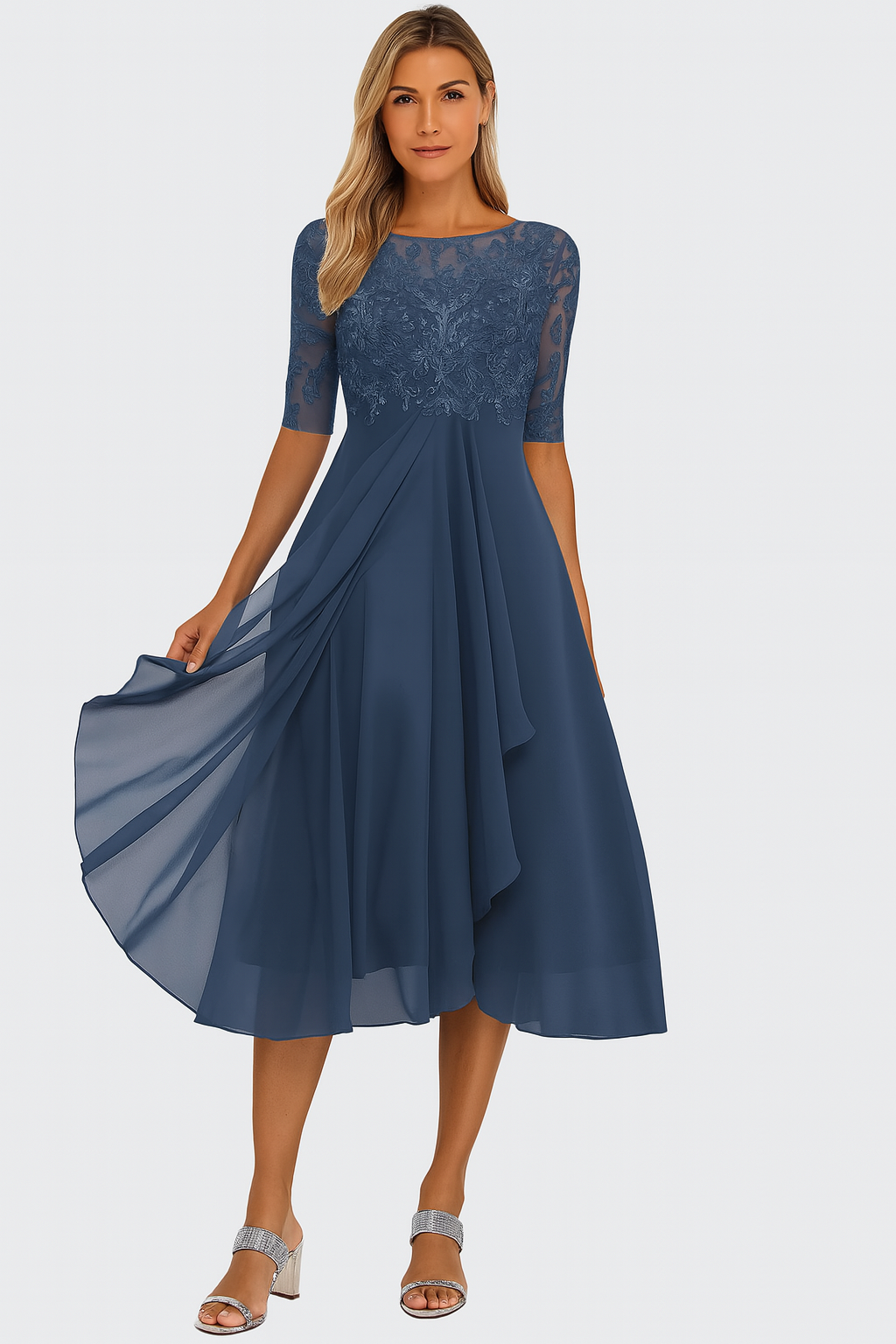 Vera Elegant Dress Woman – Lace & Chiffon Dress, A-Line, Mid-length & Short Sleeves