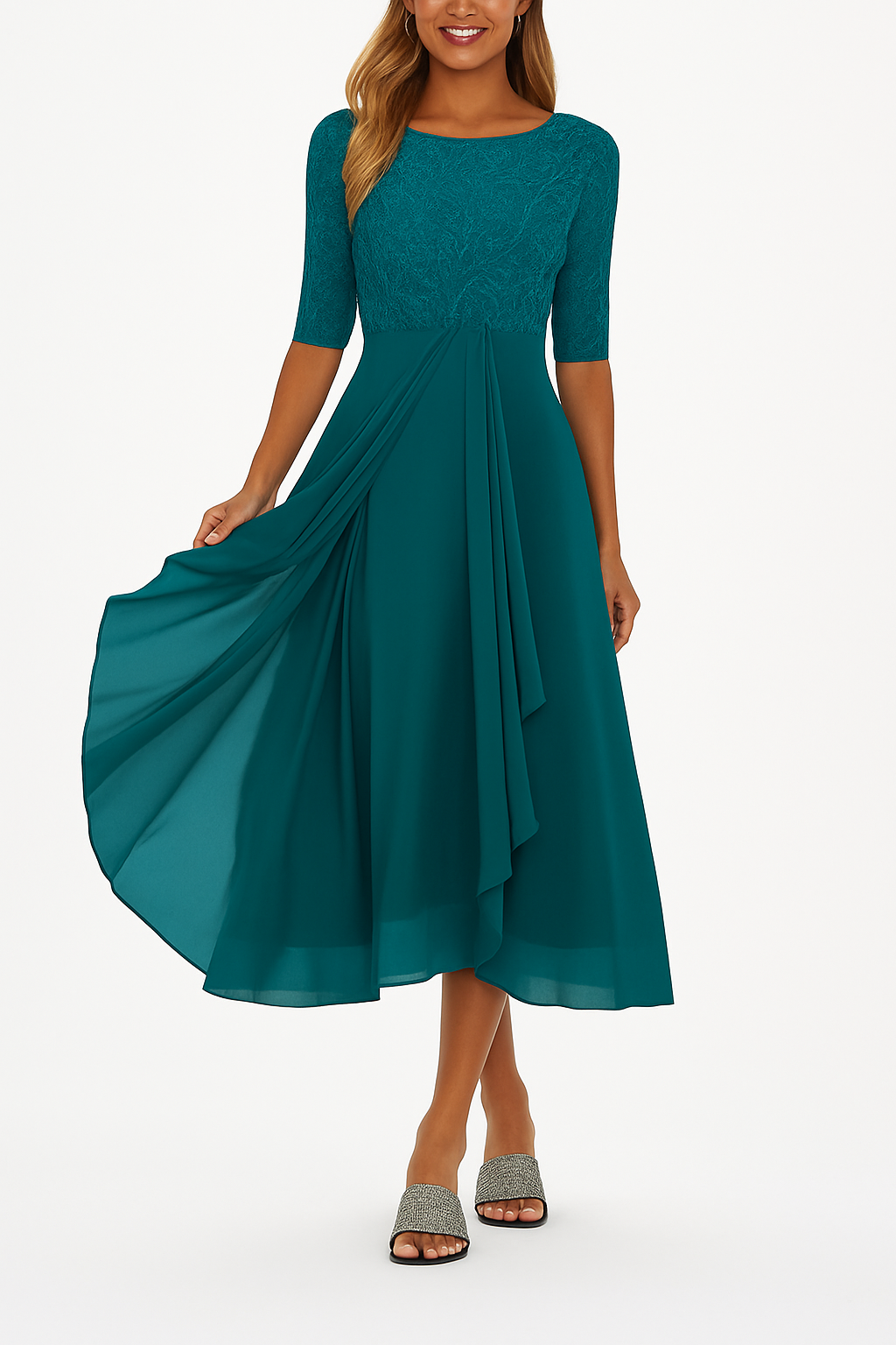 Vera Elegant Dress Woman – Lace & Chiffon Dress, A-Line, Mid-length & Short Sleeves