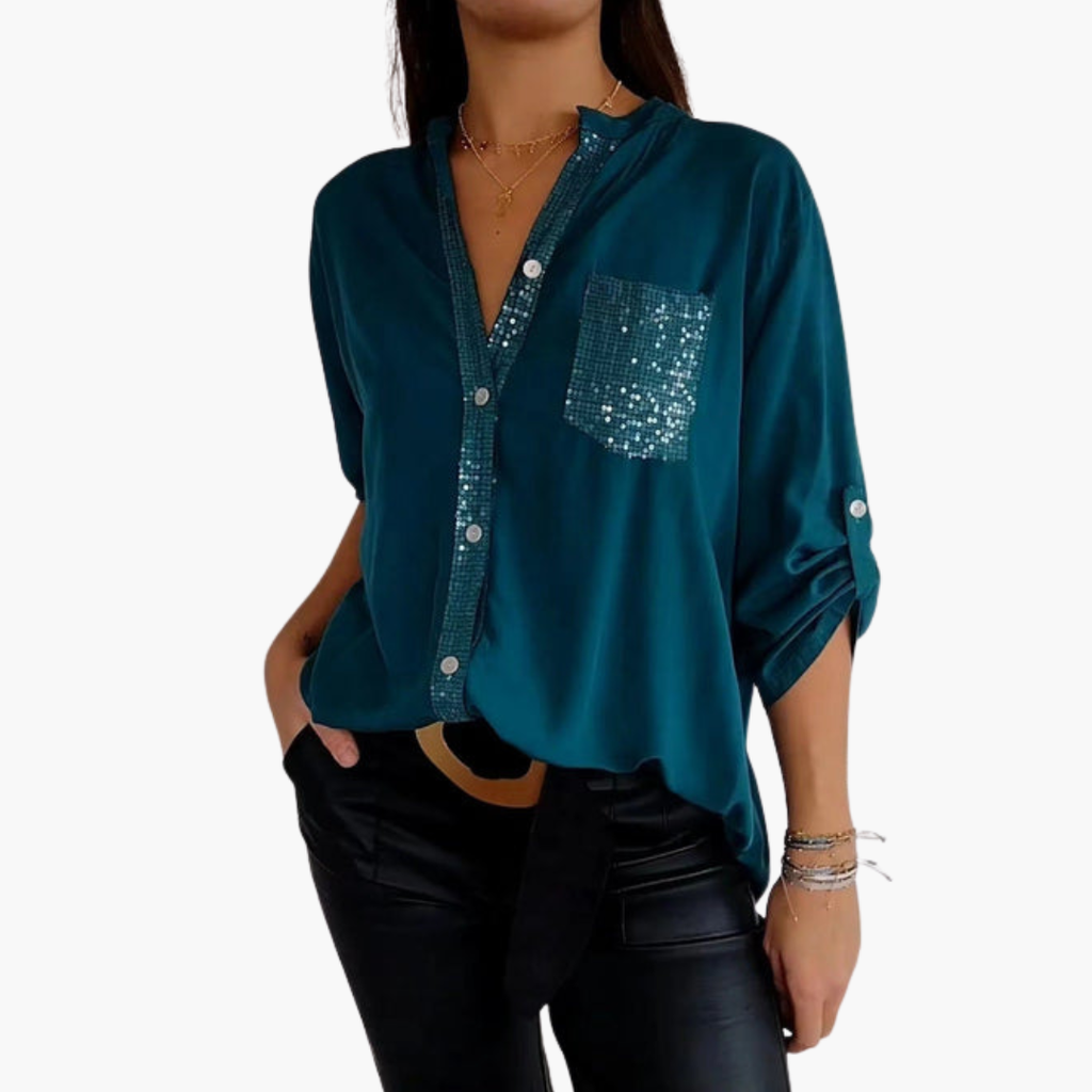 Women's button-up shirt with sequin pocket and roll-up sleeves