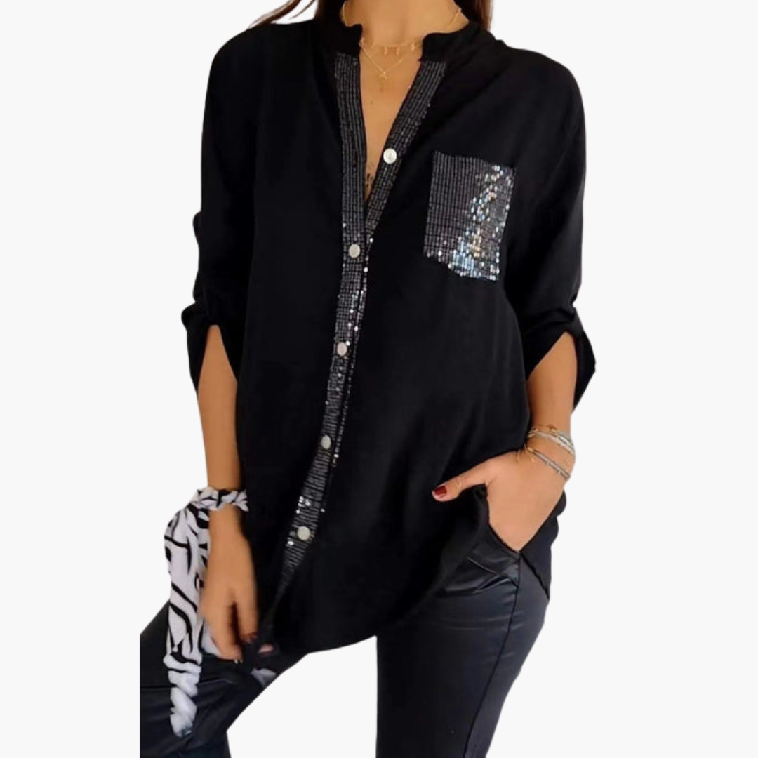 Women's button-up shirt with sequin pocket and roll-up sleeves