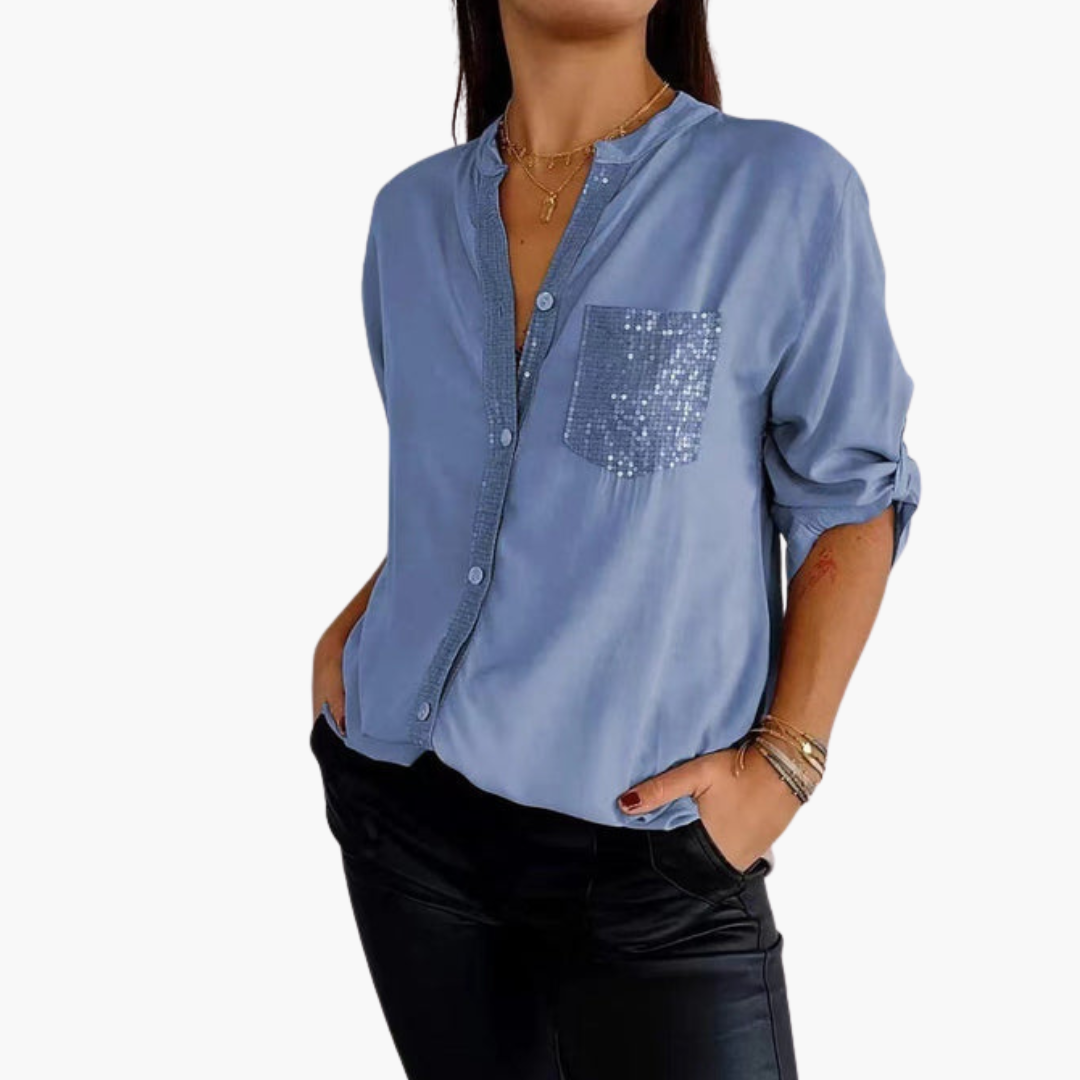 Women's button-up shirt with sequin pocket and roll-up sleeves
