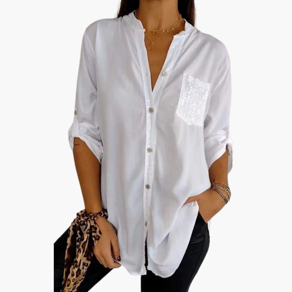 Women's button-up shirt with sequin pocket and roll-up sleeves