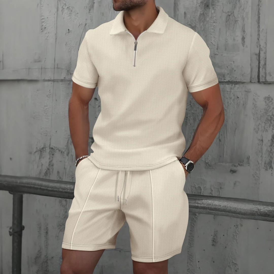 Co-Ord Set - Soft-Blend Zip Neck Polo And Drawstring Shorts