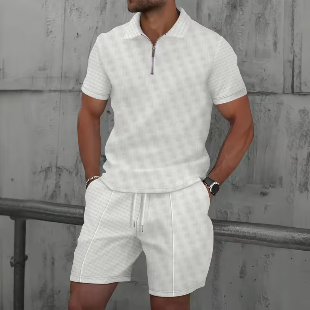 Co-Ord Set - Soft-Blend Zip Neck Polo And Drawstring Shorts