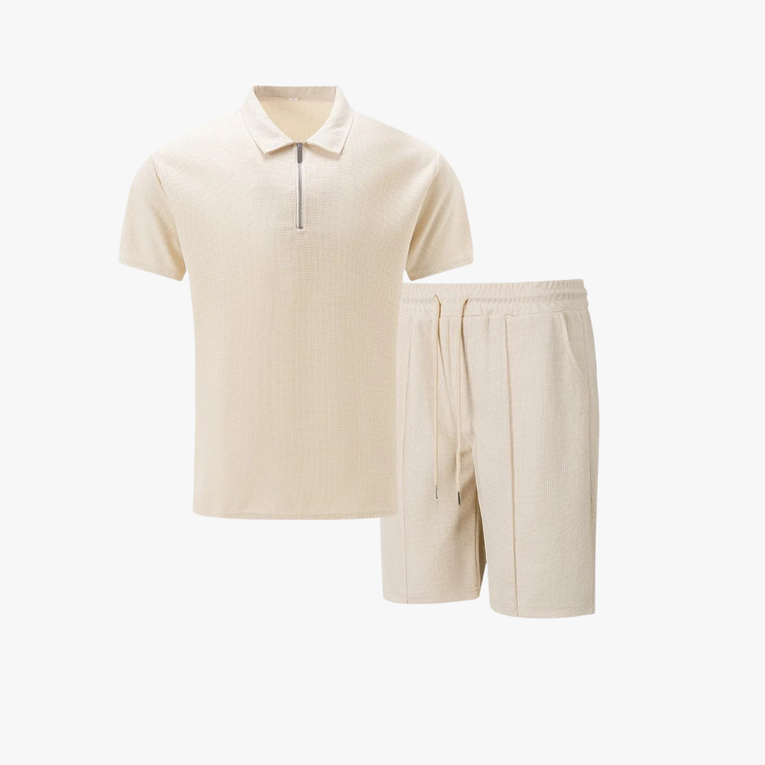 Co-Ord Set - Soft-Blend Zip Neck Polo And Drawstring Shorts