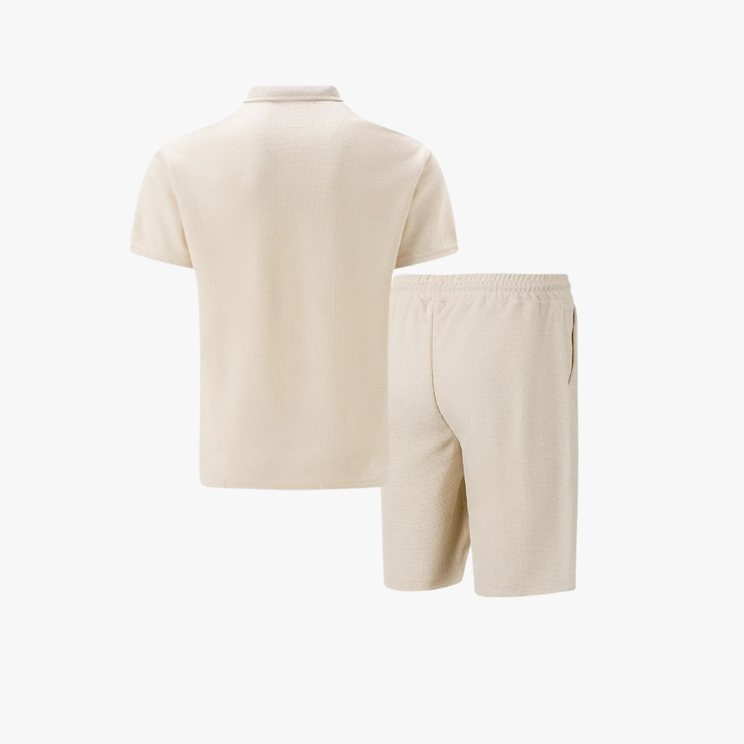Co-Ord Set - Soft-Blend Zip Neck Polo And Drawstring Shorts