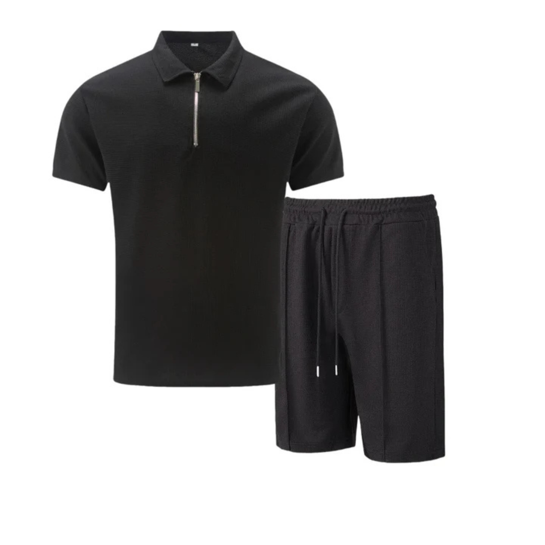 Co-Ord Set - Soft-Blend Zip Neck Polo And Drawstring Shorts