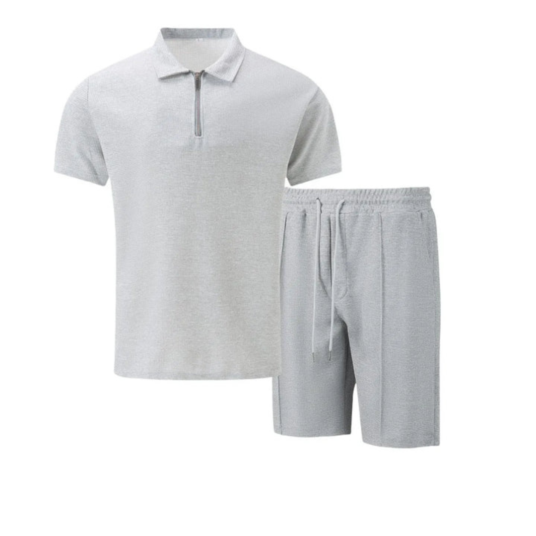 Co-Ord Set - Soft-Blend Zip Neck Polo And Drawstring Shorts