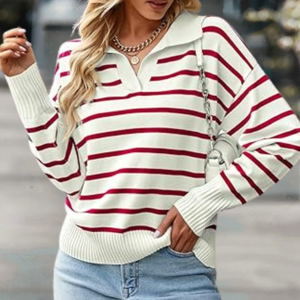 Vera | Striped Collared Knit Polo Sweater