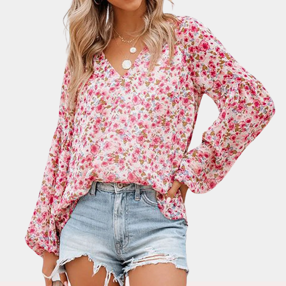 Lightweight women's blouse – long sleeve floral print, breathable fabric, for summer