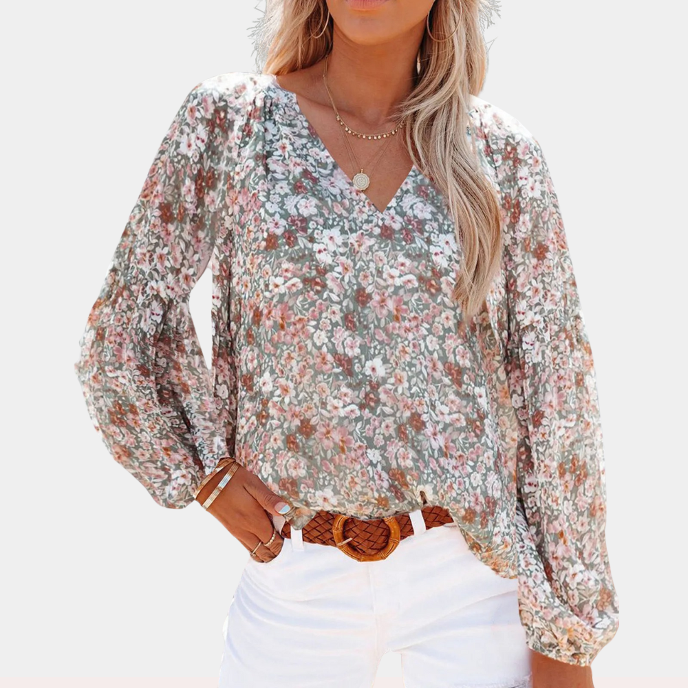 Lightweight women's blouse – long sleeve floral print, breathable fabric, for summer