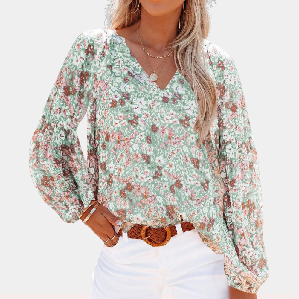 Lightweight women's blouse – long sleeve floral print, breathable fabric, for summer